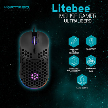 Mouse Gamer Ultraligero Anti-sudoración 12800 DPI Litebee | VORTRED